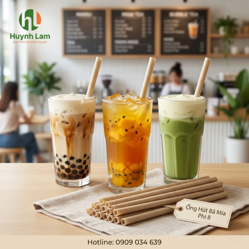 Ống hút bã mía phi 8 cho menu quán nước hỗn hợp