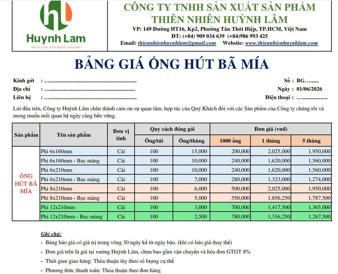 Bảng giá ống hút bã mía phi 6, phi 8, phi 12 cho khách mua sỉ
