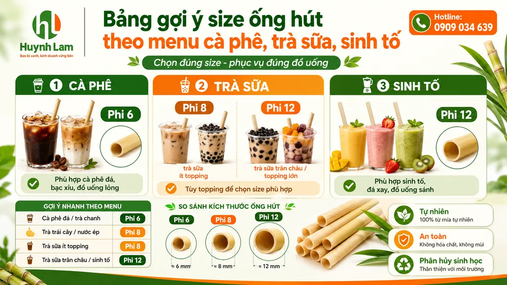 Bảng gợi ý size ống hút theo menu cà phê trà sữa sinh tố
