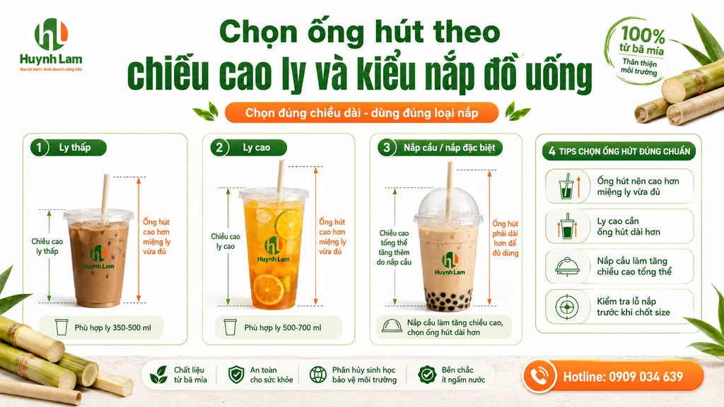 Chọn ống hút theo chiều cao ly và kiểu nắp đồ uống