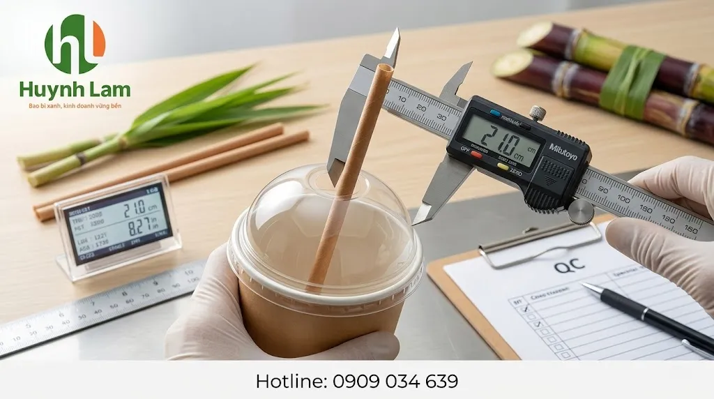 Kiểm tra độ dài ống hút bã mía phi 6 với nắp ly mang đi
