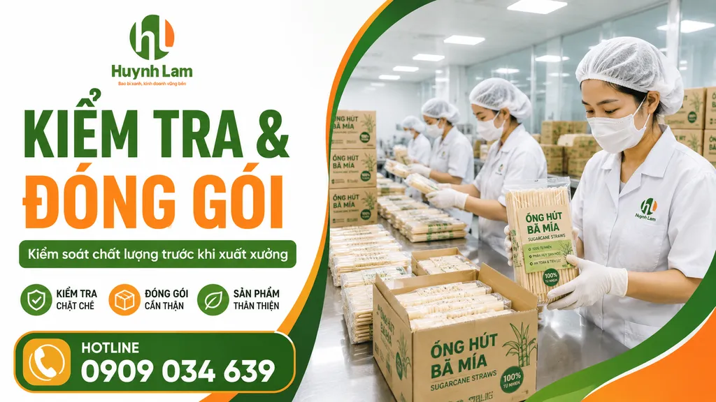 Kiểm tra chất lượng và đóng gói ống hút bã mía thành phẩm