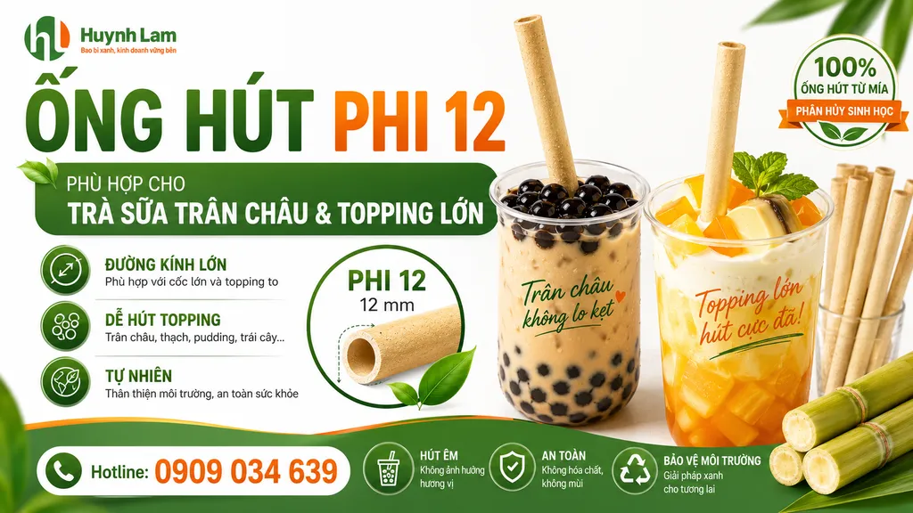 Ống hút phi 12 cho trà sữa trân châu và topping lớn
