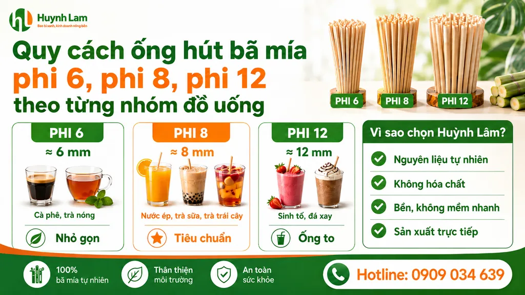 Quy cách ống hút bã mía phi 6, phi 8, phi 12 theo từng nhóm đồ uống