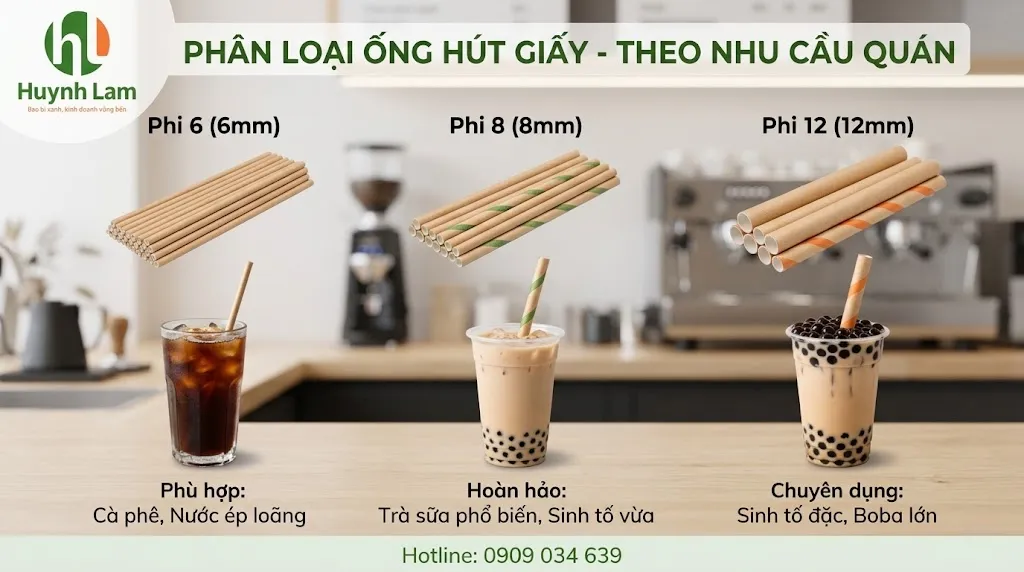 So sánh ống hút giấy phi 6 phi 8 và phi 12 theo menu quán