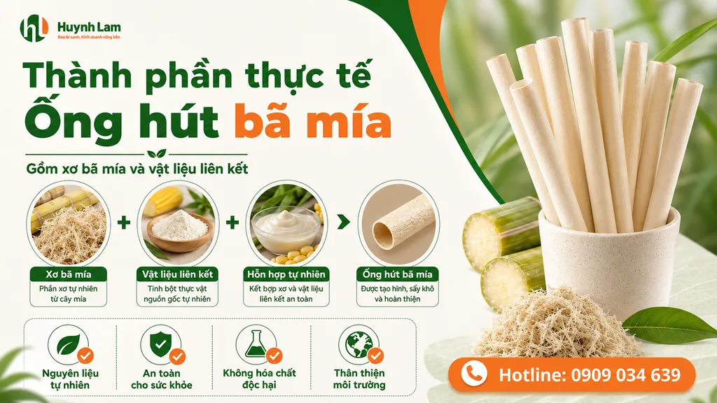 Thành phần thực tế của ống hút bã mía gồm xơ và vật liệu liên kết