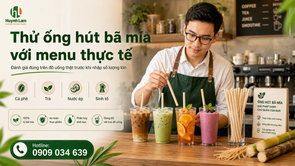 Nhân viên thử ống hút bã mía với menu đồ uống thực tế