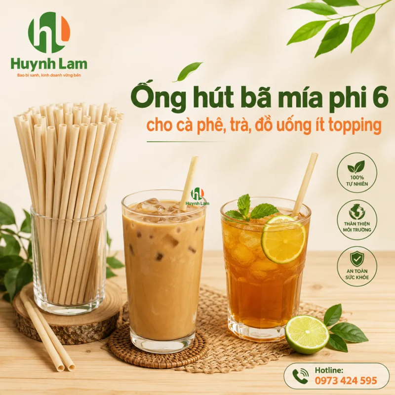 Ống hút bã mía phi 6 cho cà phê, trà và đồ uống ít topping