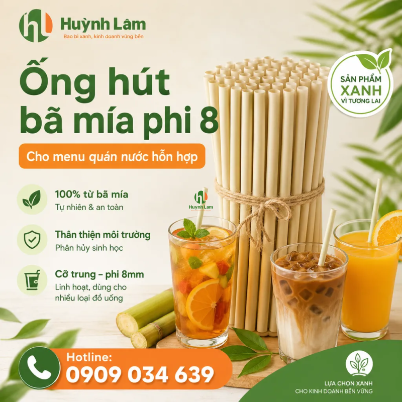 Ống hút bã mía phi 8 cho menu quán nước hỗn hợp